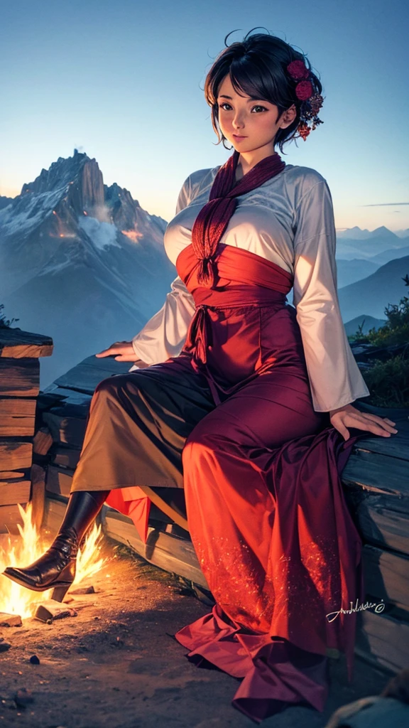 A couple is sitting on the mountain. It is a moonlit night. The couple is wearing short clothes. The girl has big hips and a fire is burning.