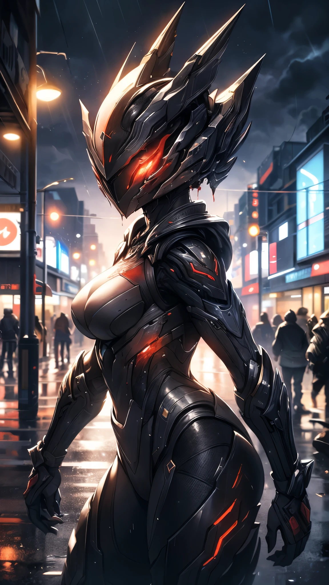 1 Japanese girl, Warframe, Complex patterns, heavy metal, Energy Line, The Faceless, Glowing eyes, elegant, intense, Blood red and black, Solitary, Modern, City, street, dark clouds, thunderstorm, Heavy rain,, Dramatic Lighting,, (masterpiece:1.2), best quality, high resolution,   Exquisite and detailed, Extremely detailed, Perfect lighting,