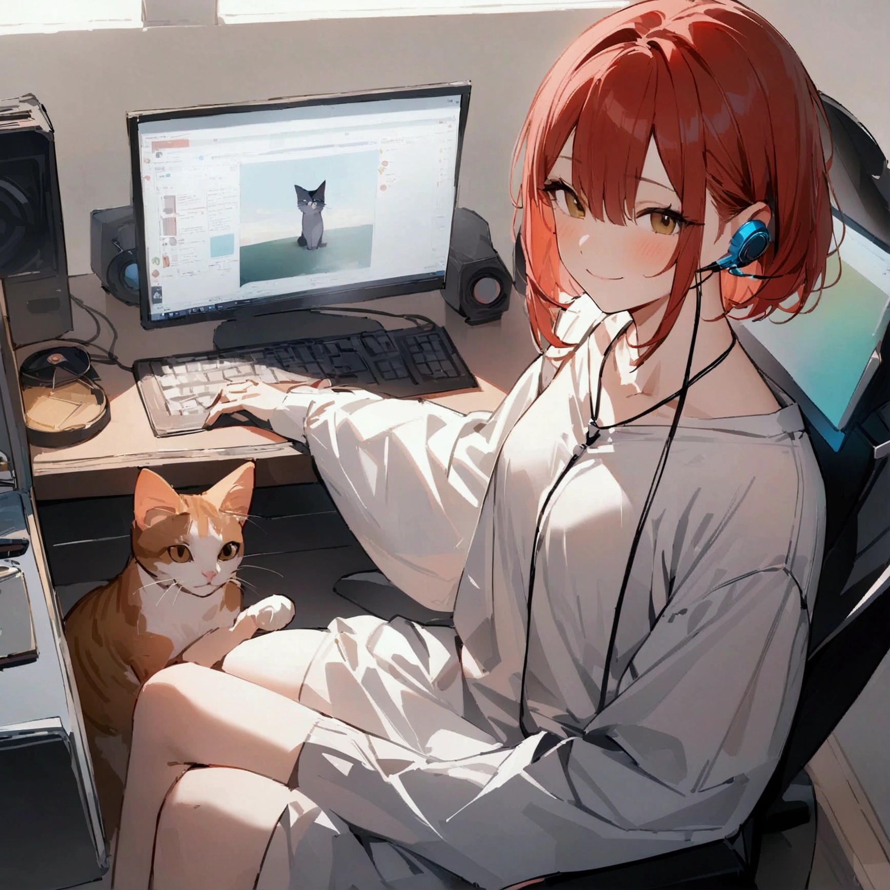 man, high resolution, looking at the audience, have a cat,smile, ผมสั้นทรงman, red hair,simple background, Sitting in front of the computer, Masterpiece, decorative arts, best quality, Anatomically correct,dress,earphones, 