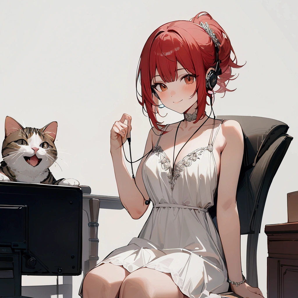 man, high resolution, looking at the audience, have a cat,smile, ผมสั้นทรงman, red hair,simple background, Sitting in front of the computer, Masterpiece, decorative arts, best quality, Anatomically correct,dress,earphones,