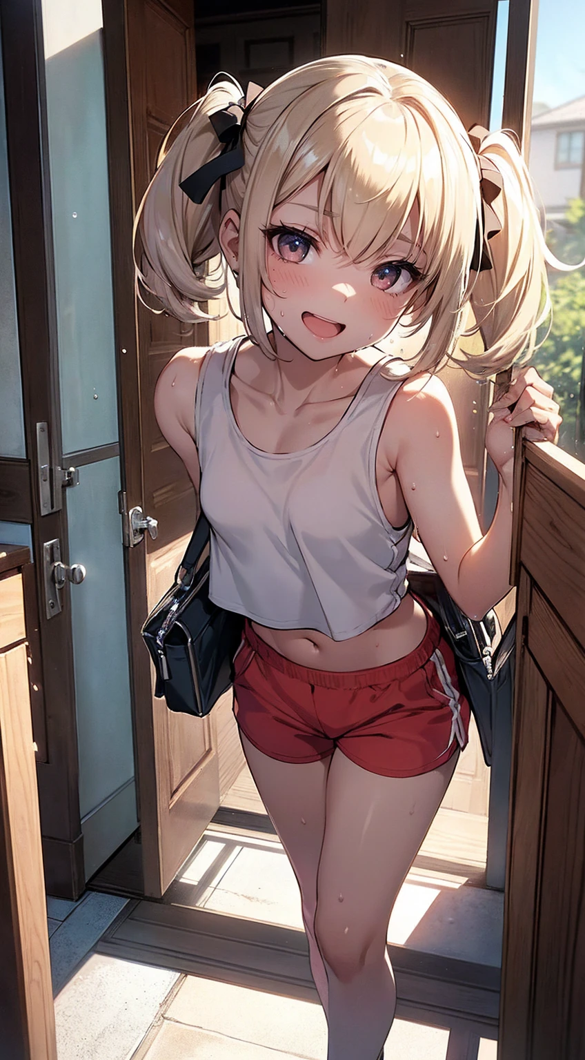 top-quality、supreme1People Girls,hightquality,A detailed face、A detailed eye、Detailed nose、Detailed mouth、 Beautiful expression, ((masuter piece)), ((High resolution)), ((Best Quality)), detail, (NSFW:1.4 ,cum faced、Excited face.Very happy,), ((Skin shiny with sweat)), (Tank Tops、hotpants)、 girl with, a blond, (Half Twin Tail)、Standing figure、fair white skin:1.3、、Smaller chest, cinmatic lighting, perfectly shaded,(((Entrance to the house))), Realistic lighting with shades,Reflecting the whole body, midriff, small shirt, VERY SHORT TOP,