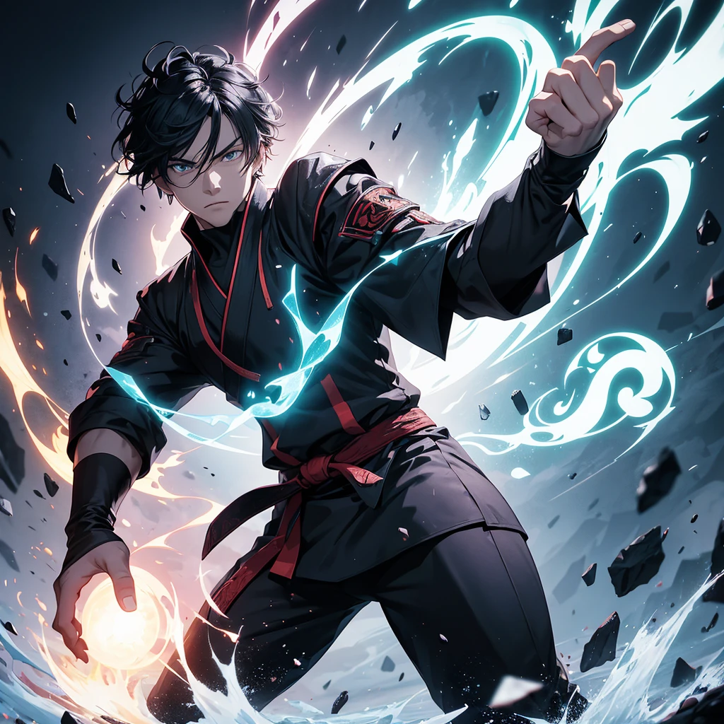 The main character shows him in a dynamic pose that reflects both his martial arts and magical abilities. Use a blend of modern and mystical elements to represent the transition from the martial arts world to the magic-dominated world, for background.Include magical effects, such as glowing runes or spell circles, alongside martial arts imagery like energy blasts or combat stances. Choose a color palette that contrasts the old and new worlds—perhaps dark, intense colors for the martial arts aspect and bright, mystical colors for the magic aspect. Place the title “Rebirth of the Martial Mage” in a prominent position. Use a bold, legible font that stands out against the background.Show Pets like one demon and one angel on both sides of shoulders of the main character with dynamic pose, lolly pet.