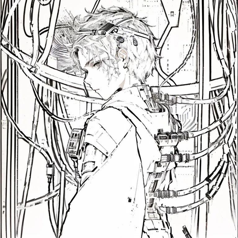 A black and white drawing,The painting shows a short-haired boy turning slightly to the left and looking back.,,His eyes were cold and blank. There were electronic bionic tubes inserted into his back.,digital line-art, Futuristic Iron Man, Wrapped in wires and leads, Gray blue hair, Boy with complicated and messy wires in the background, Strong line art, He has a lot of wires attached to him., Strong black line art, Cypherpunk fashion illustration, Silhouette Art,