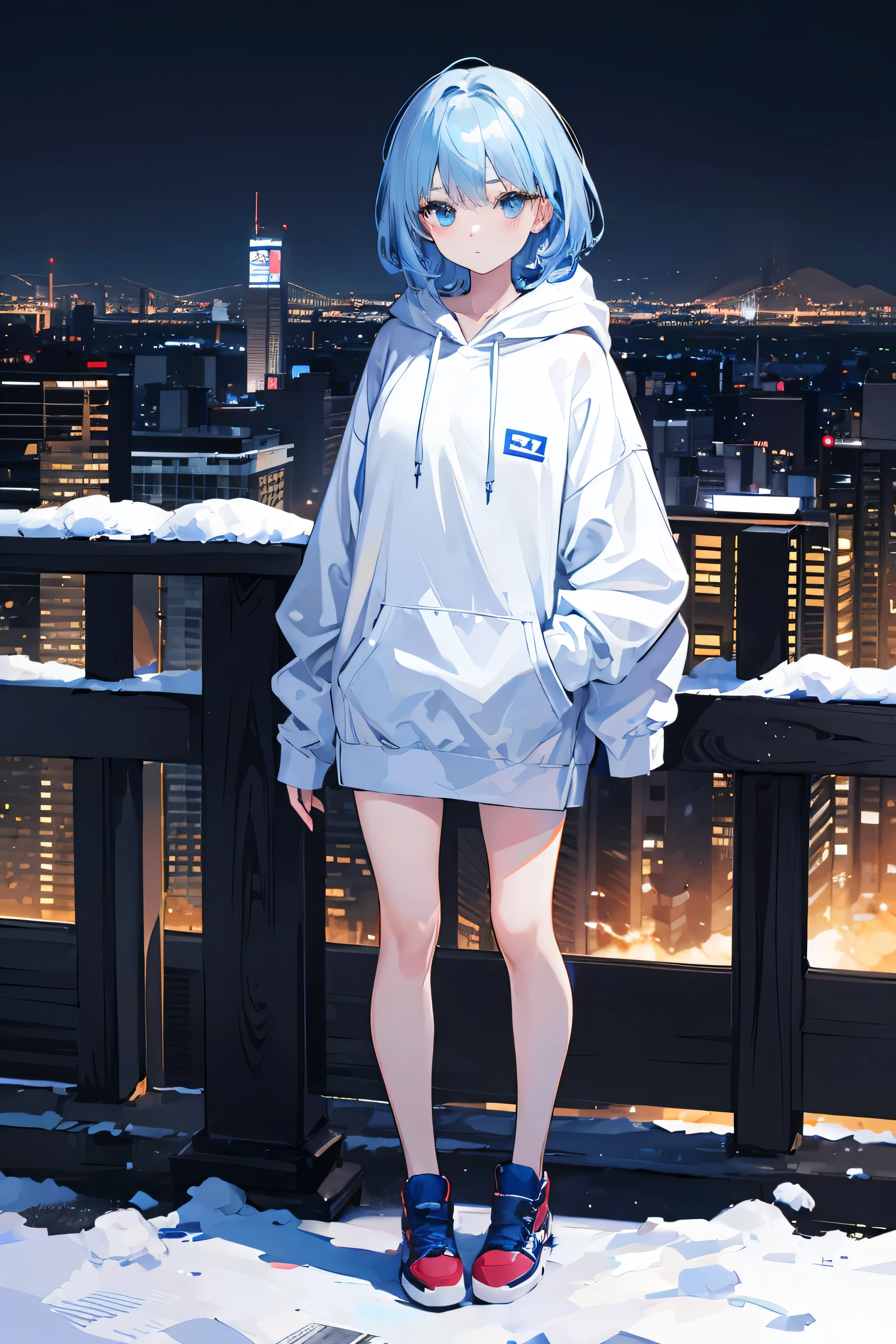 1 woman,light blue hair,blue eyes,blue and white hoodie,winter,looking at viewer,full body photo, Eye-Level Shot, night city background with many buildings