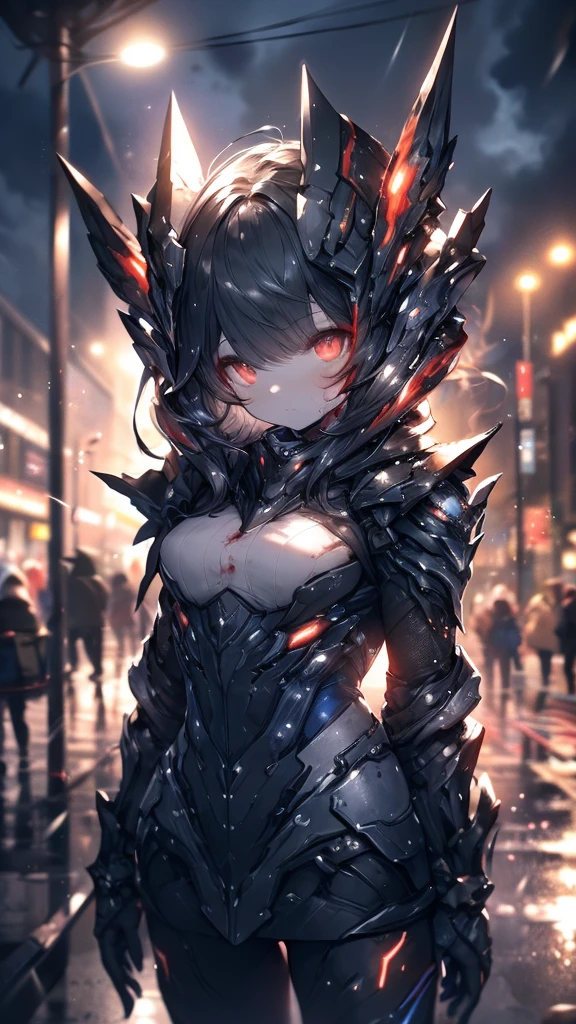 1 Japanese girl, Warframe, Complex patterns, heavy metal, Energy Line, The Faceless, Glowing eyes, elegant, intense, Blood red and black, Solitary, Modern, City, street, dark clouds, thunderstorm, Heavy rain,, Dramatic Lighting,, (masterpiece:1.2), best quality, high resolution,   Exquisite and detailed, Extremely detailed, Perfect lighting,