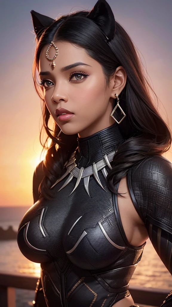 hot beautiful female black panther, big heavy jhumka earrings, detailed face, detailed eyes, detailed lips, sensual pose, sunset lighting, vibrant colors, cinematic lighting, photorealistic, 8k, high quality, masterpiece,big breasts , black panther suit
