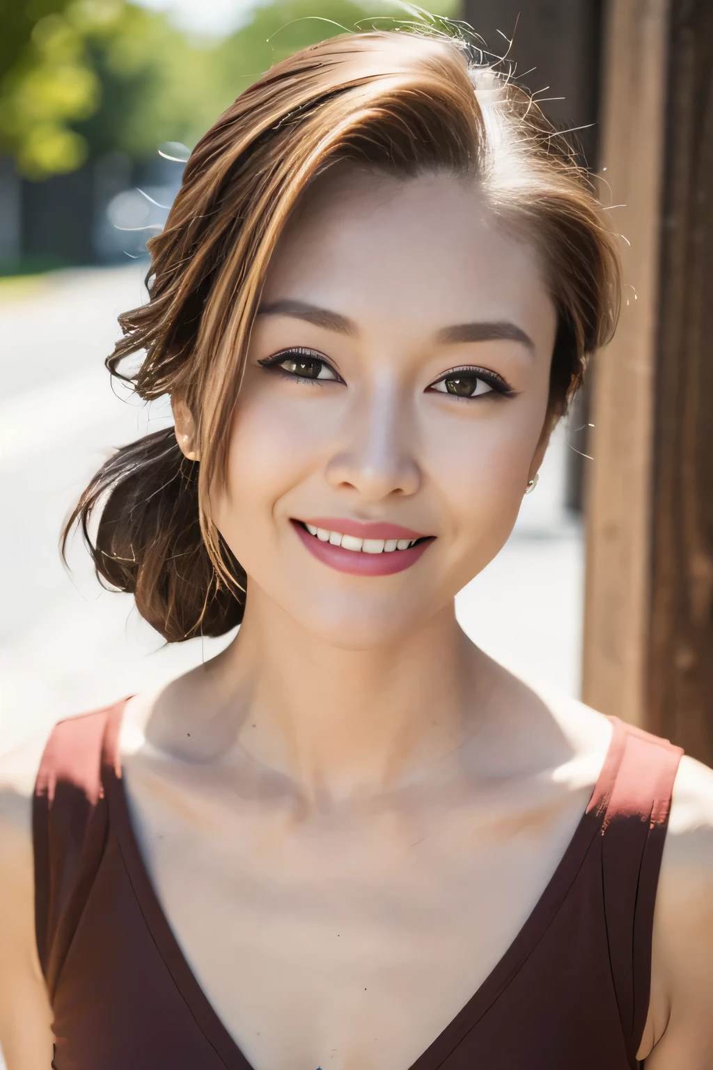 light brown hair, grin, hair slicked back, low ponytail, depth of field, Fujicolor, first-person view, Nikon, UHD, masterpiece, anatomically correct, high quality, 8k