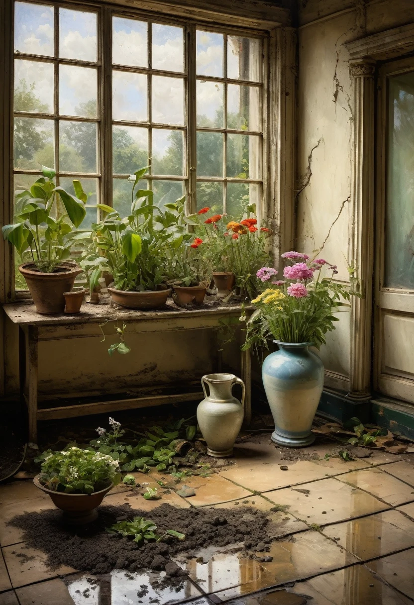 create a painting of a greenhouse with plants and flowers, next to a broken vase that has dirt on the floor. This painting was drawn by a classical artist of the time, oil paint, antique period, frame, old picture