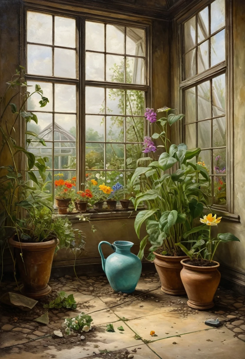 create a painting of a greenhouse with plants and flowers, next to a broken vase that has dirt on the floor. This painting was drawn by a classical artist of the time, oil paint, antique period, frame, old picture