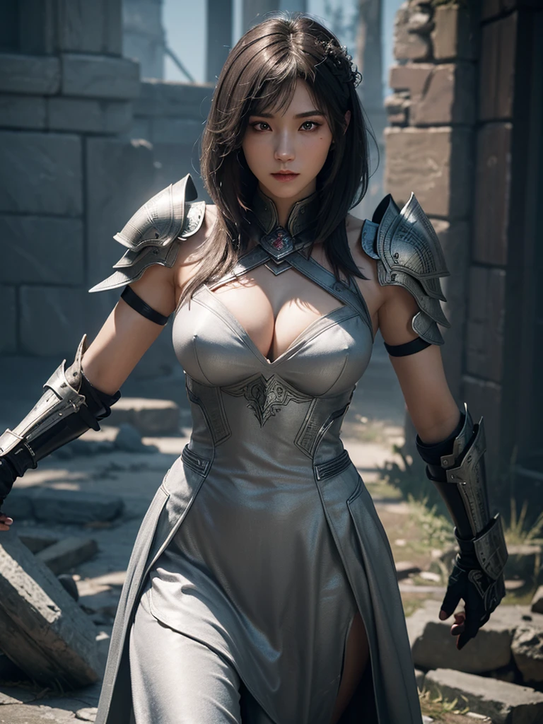 Masterpiece,Game art,Best quality,Highest resolution,8K,(Portrait),Unreal Engine 5 rendering work,(Digital photo), 20 years old girl,Short hair detail,With long bangs,(Red eye makeup is really meticulous),(With long gray hair:1. 4),(Large size, full breasts),Elegant and noble,(Future armor combining the features of ancient armor, mysterious eastern runes, delicate dress patterns, magical flashes),Future warrior, movie lighting，Ray tracing，Game CG，((3D Unreal Engine)), OC rendering reflection pattern