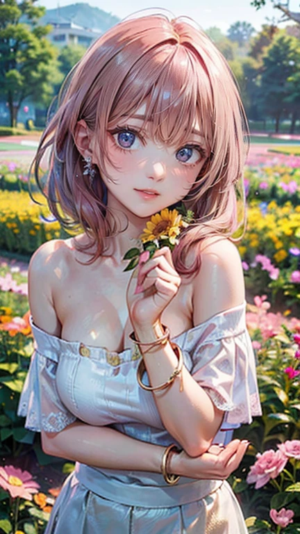 (Masterpiece, BestQuality:1.3), (ultra detailed:1.2), (hyperrealistic:1.3), (RAW photo:1.2), High detail RAW color photo, professional photograph, (Photorealistic:1.4), (realistic:1.4), (Pink Hair:1.5), professional lighting, perfect anatomy, (Big Breasts:1.2), (blush, detailed face), (A happy smile:1.7), sexly, erotic sexly, Random sexy gravure poses, (A beautiful woman wearing an orange off-shoulder top and a white skirt、A gentle expression in a flower field、Gold Bracelet、Pose picking flowers。:1.3)