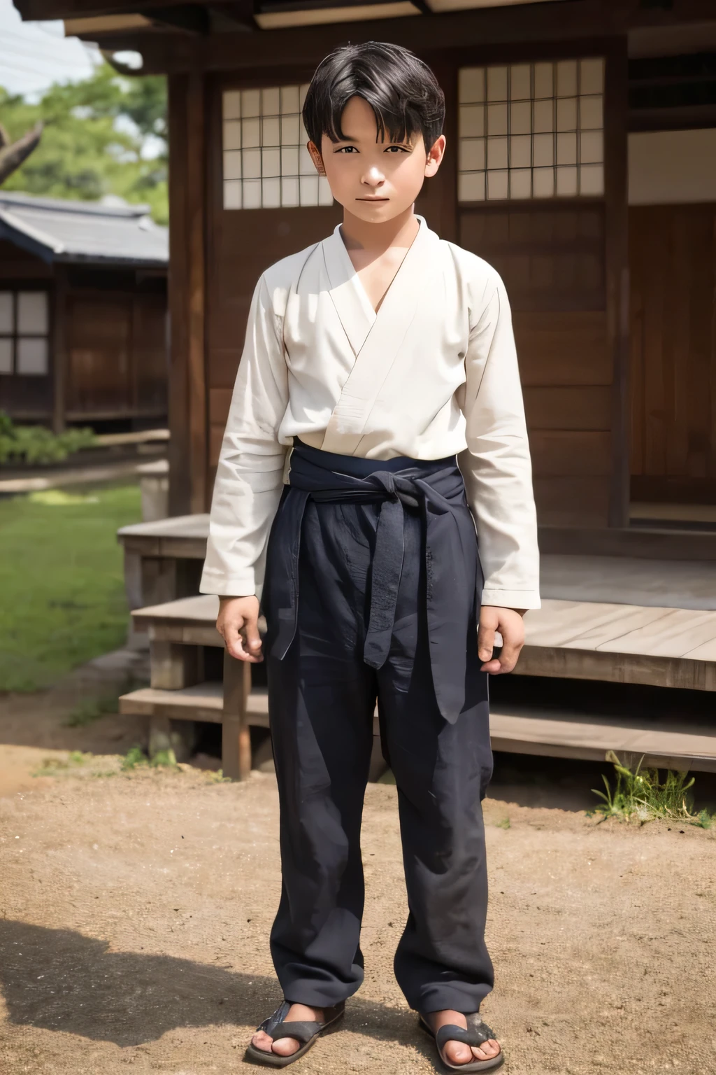 A poor boy in the Meiji era,7talent,Samue (work clothes),Standing in the blacksmith's workshop,Has a folding needle