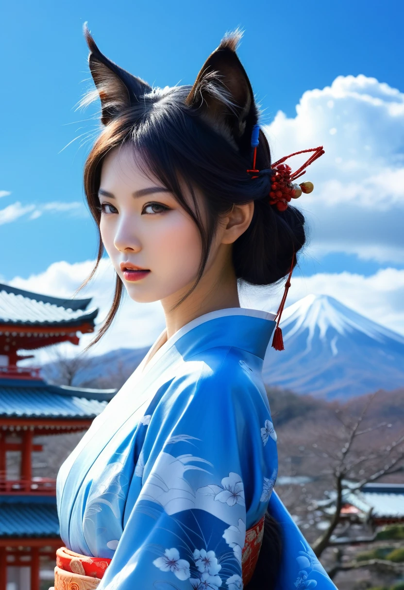 Apparition ,Girl, Cat ear, Beautiful oriental woman, blue sky ,Japanese Landscape, Realistic Women, lovely