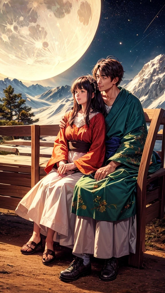 A couple is sitting on the mountain. It is a moonlit night. The couple is wearing short clothes. The girl has big hips 
