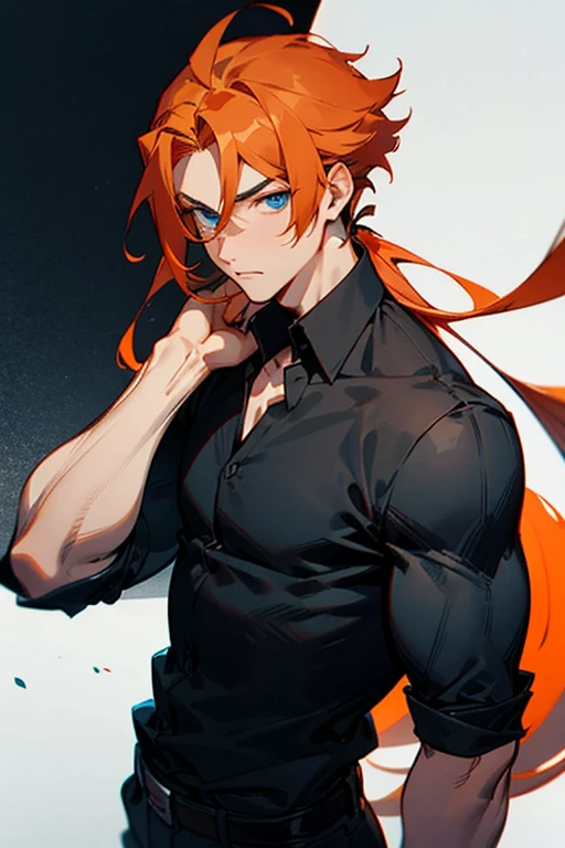 Chico, muscular, orange hair blue eyes, Without beard, no mustache no hair on face other than eyebrows and hair with medium long hairstyle cut , anime style. Fine eyes male and thin eyebrows with black shirt