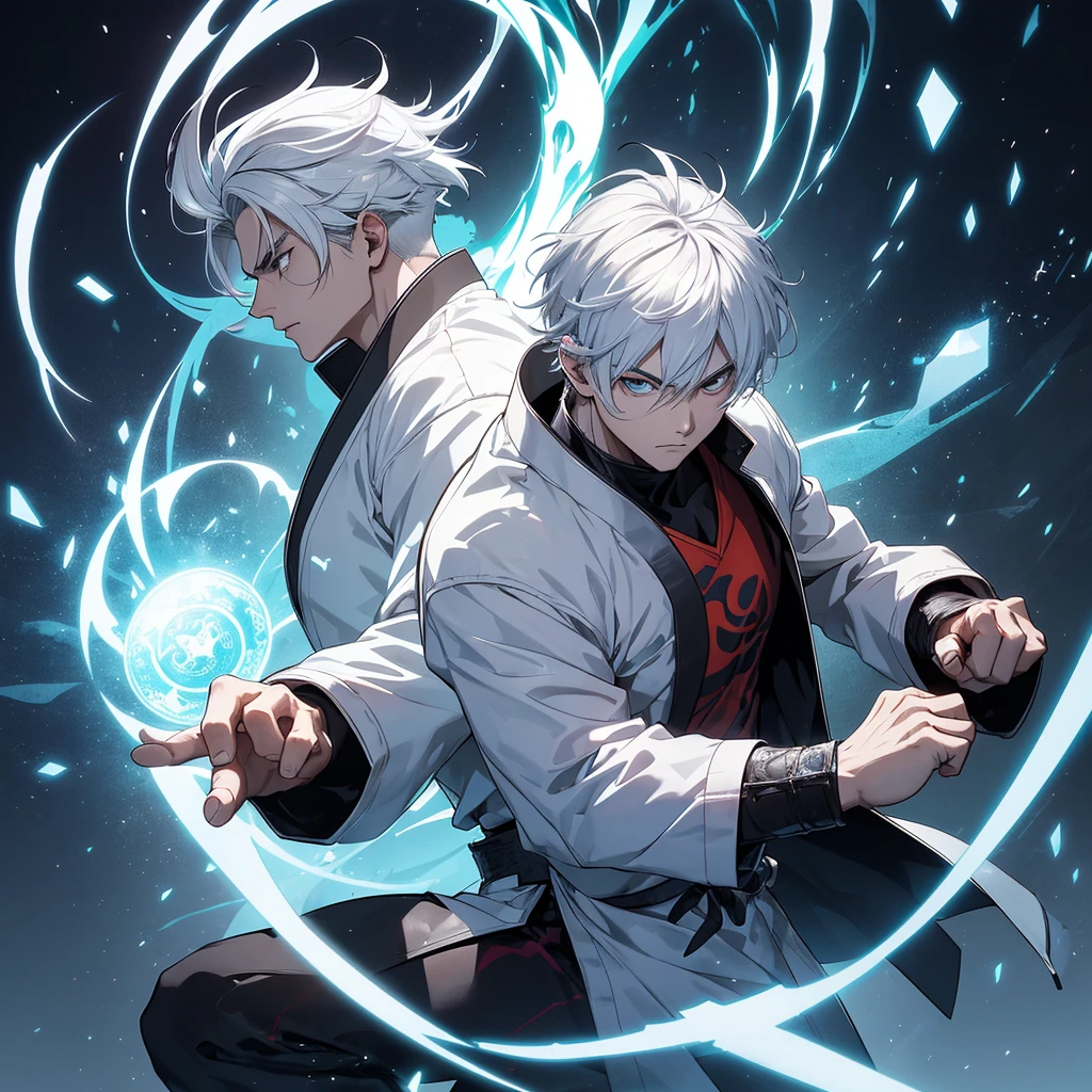 The main character with white hair shows him in a dynamic pose that reflects both his martial arts and magical abilities. Use a blend of modern and mystical elements to represent the transition from the martial arts world to the magic-dominated world, for background.Include magical effects, such as glowing runes or spell circles, alongside martial arts imagery like energy blasts or combat stances. Choose a color palette that contrasts the old and new worlds—perhaps dark, intense colors for the martial arts aspect and bright, mystical colors for the magic aspect.