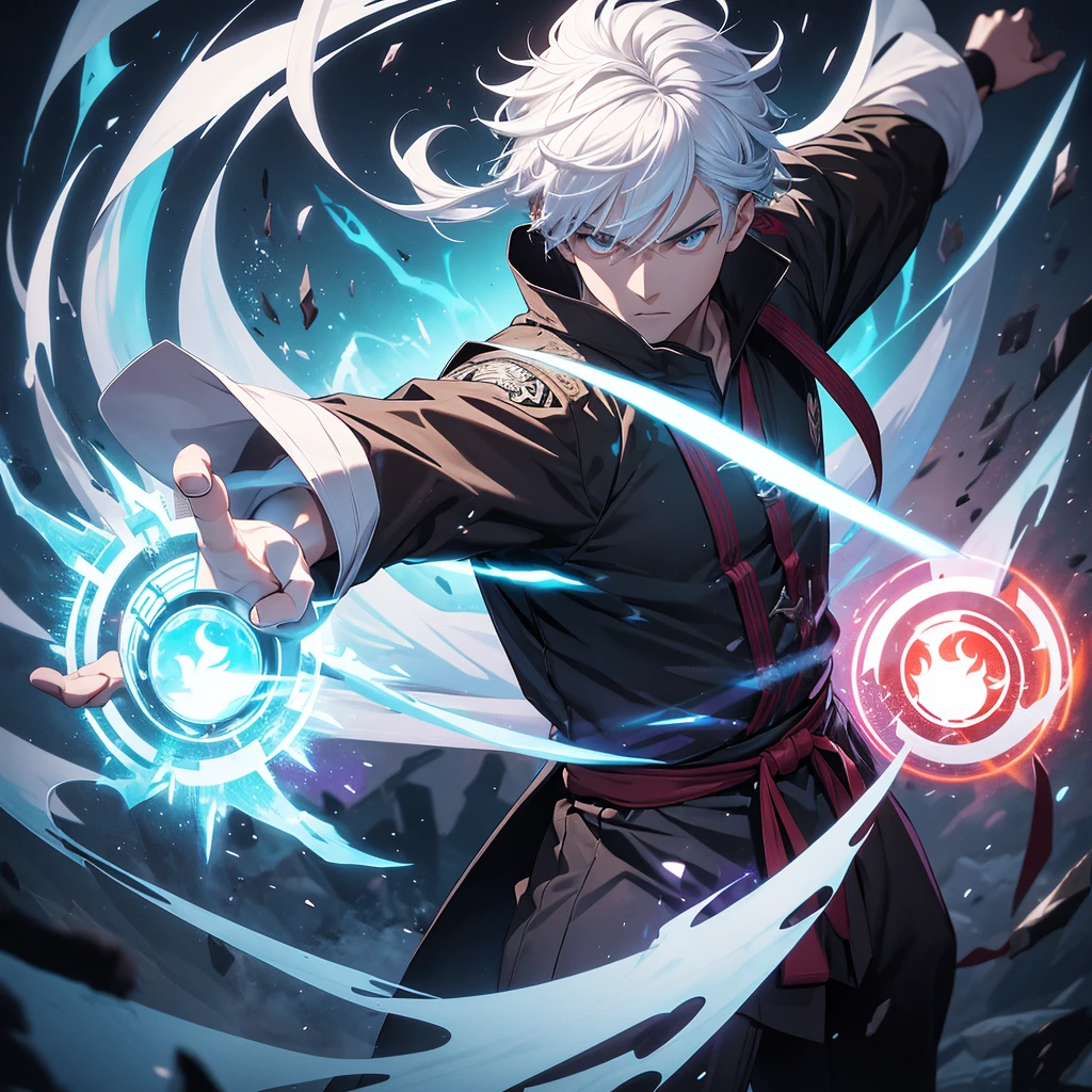 The main character with white hair shows him in a dynamic pose that reflects both his martial arts and magical abilities. Use a blend of modern and mystical elements to represent the transition from the martial arts world to the magic-dominated world, for background.Include magical effects, such as glowing runes or spell circles, alongside martial arts imagery like energy blasts or combat stances. Choose a color palette that contrasts the old and new worlds—perhaps dark, intense colors for the martial arts aspect and bright, mystical colors for the magic aspect.