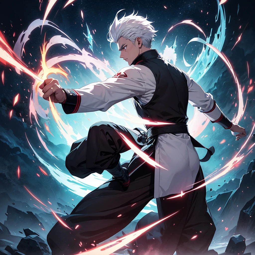 The main character with white hair shows him in a dynamic pose that reflects both his martial arts and magical abilities. Use a blend of modern and mystical elements to represent the transition from the martial arts world to the magic-dominated world, for background.Include magical effects, such as glowing runes or spell circles, alongside martial arts imagery like energy blasts or combat stances. Choose a color palette that contrasts the old and new worlds—perhaps dark, intense colors for the martial arts aspect and bright, mystical colors for the magic aspect.