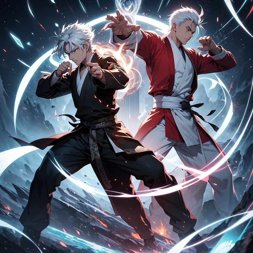 The main character with white hair shows him in a dynamic pose that reflects both his martial arts and magical abilities. Use a blend of modern and mystical elements to represent the transition from the martial arts world to the magic-dominated world, for background.Include magical effects, such as glowing runes or spell circles, alongside martial arts imagery like energy blasts or combat stances. Choose a color palette that contrasts the old and new worlds—perhaps dark, intense colors for the martial arts aspect and bright, mystical colors for the magic aspect.