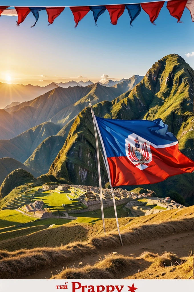 Create a picture with writing "Happy Independence Day" placing the flag of the Country Peru in the background. And in a corner at the bottom left place a cockade 