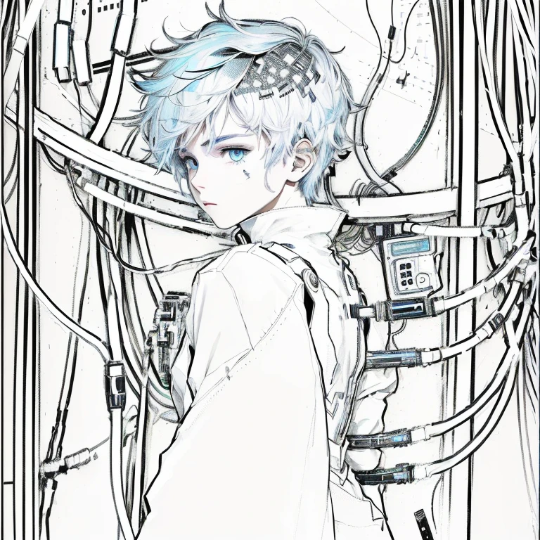 A black and white drawing,The painting shows a short-haired boy turning slightly to the left and looking back.,,His eyes were cold and blank. His back was bare and had electronic bionic tubes inserted into it.,digital line-art, Futuristic Iron Man, Wrapped in wires and leads, Gray blue hair, Boy with complicated and messy wires in the background, Strong line art, He has a lot of wires attached to him., Strong black line art, Cypherpunk fashion illustration, Silhouette Art,