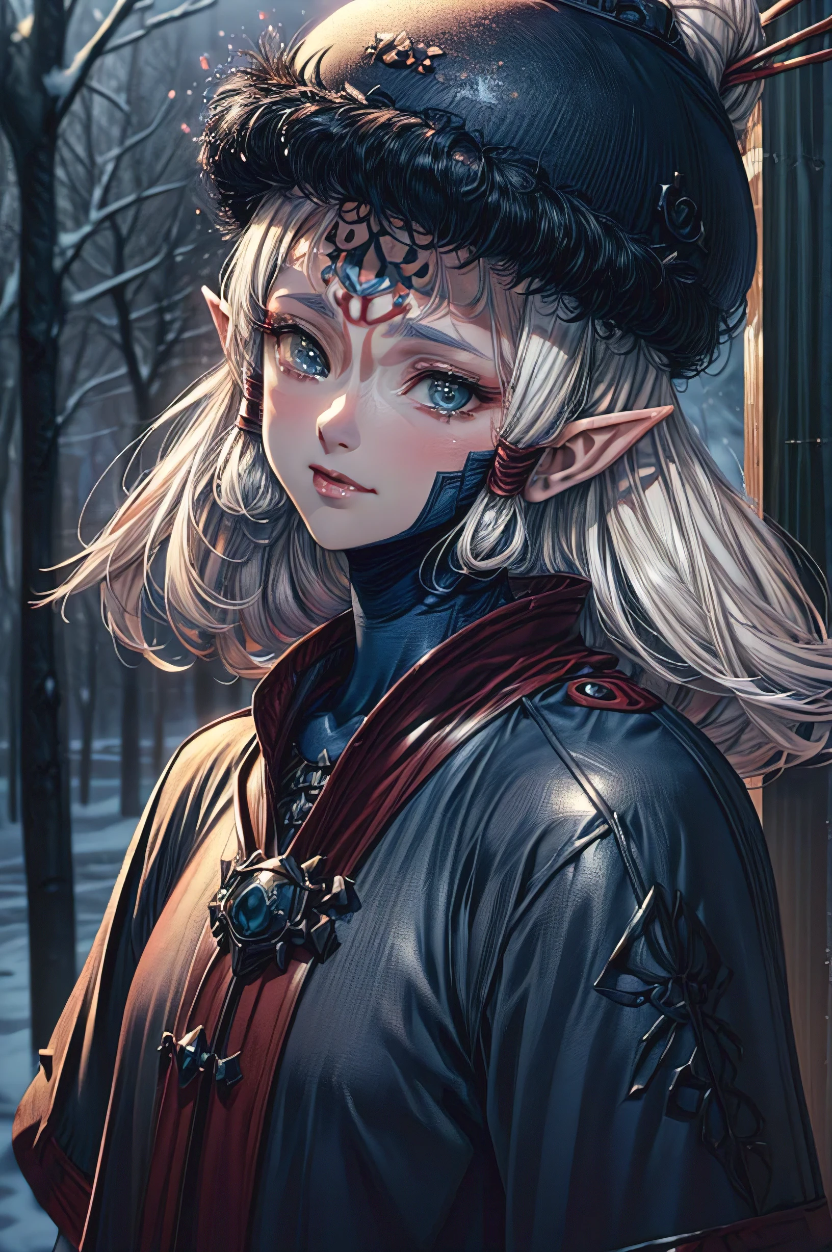 (masterpiece:1.1), (best quality:1.1), 1girl, Real light and shadow, anime face, 4k, 8k, wallpaper,epic, detail texture, Paya, elf ears, pointy ears, White hair, Dark skin, tanned skin, (blue eyes:1.5), ((((white hair:1.35, long hair)))),intricate eyes,beautiful detailed eyes, (symmetrical eyes,big eyes:1.5,(((lustrous skin:1.5,bright skin: 1.5,skin tanned,shiny skin,very shiny skin,shiny body,plastic glitter skin,exaggerated shiny skin,illuminated skin))),(detailed body,(detailed face)), cute, erotic,daring, (((medieval man armor, fur hat, adventurer man armor,winter coat))),(((intricate outfit,intricate clothes, embroidered outfit,ornate outfit,embroidered clothes,ornate clothing))), (dynamic pose:1.0),happy,smile,(centered,scale to fit dimensions,Rule of thirds), ((snowy pine forest at night)), with dark stormy clouds,winter,scenery:1.25,((snow forest background)),Christmas tree, highres,sharp focus,(ultra detailed,extremely detailed),(photorealistic artwork:1.37),(extremely detailed CG unity 8k wallpaper),(((vibrant colors,vibrant theme))),(intricate),(masterpiece),(best quality),