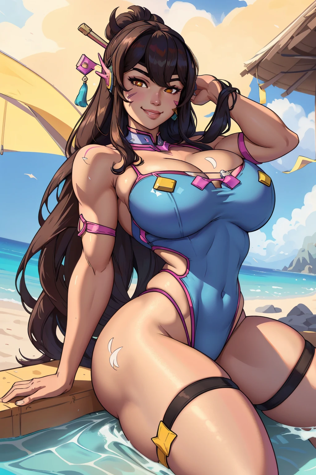 D.va, girl, solo, long hair, looking at viewer, black hair, bandaid on face, yellow eyes, smile, bandaid on nose,  bandaid, bangs, breasts, simple background, fang, bare shoulders, scar, bare shoulders, closed mouth, hair over one eye, portrait, hair over shoulder, legs, seductive, bathing suit, 2 piece swimsuit, beach, realistic, highly detailed face, detailed eyes, best quality, masterpiece, ultra detail, ultra high res, extreme detail, 8k, uhd, voluptuous, curvy, thick thighs, milf