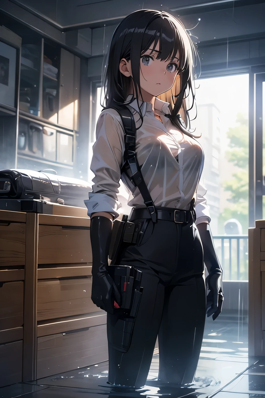 1 female, , high quality, masterpiece, Ultra-high resolution, , Cinema Lighting, , , And the suspenders with the cranes flying Large Breasts Small face holster Lying in bed Looking up Sweat belt summer 脇Sweat Black Hole Gloves suit shirt Black jacket Black trousers Leg Links ズボンにbelt holster Hands behind your back Anxious expression Looking up Anxious face, legs apart Armament Handgun handcuffs Cable ties レッグholster holster See-through clothing heavy rain Getting wet in the rain