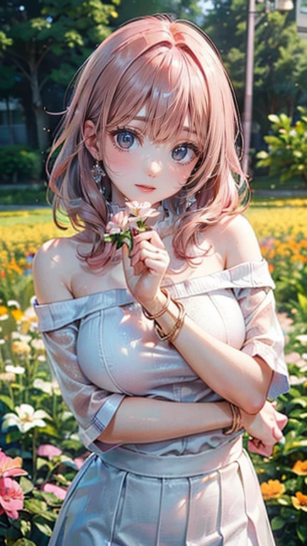 (Masterpiece, BestQuality:1.3), (ultra detailed:1.2), (hyperrealistic:1.3), (RAW photo:1.2), High detail RAW color photo, professional photograph, (Photorealistic:1.4), (realistic:1.4), (Pink Hair:1.5), professional lighting, perfect anatomy, (Big Breasts:1.2), (blush, detailed face), (A happy smile:1.7), sexly, erotic sexly, Random sexy gravure poses, (A beautiful woman wearing an orange off-shoulder top and a white skirt、A gentle expression in a flower field、Gold Bracelet、Pose picking flowers。:1.3)