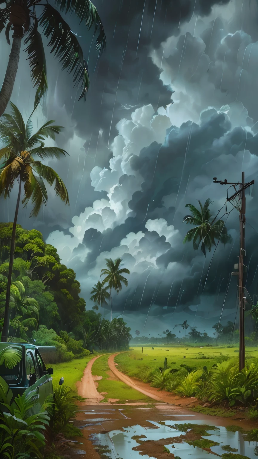 painting of a dirt road in a tropical jungle with palm trees, cartoon moody scene, monsoon on tropical island, scenery artwork, anime countryside landscape, digital painting highly detailed, very detailed digital painting, gloomy weather. high quality, highly detailed digital painting, rain. hyper detailed, background artwork, amazing wallpaper, 4 k hd wallpaper illustration, a beautiful artwork illustration