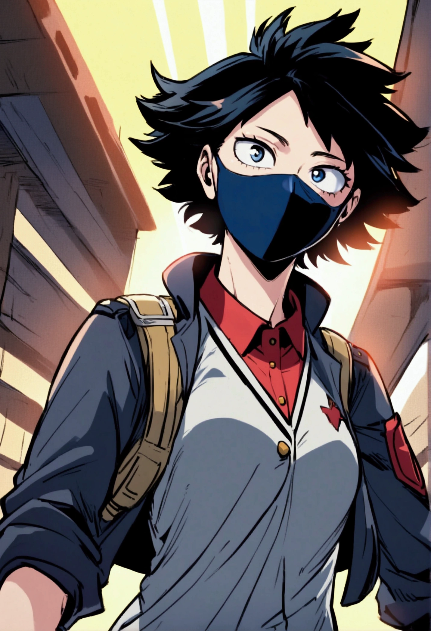 My hero academia, girl, black short hair and blue eyes, fully clothed, thin body, UA uniform, has a face mask on, manga style