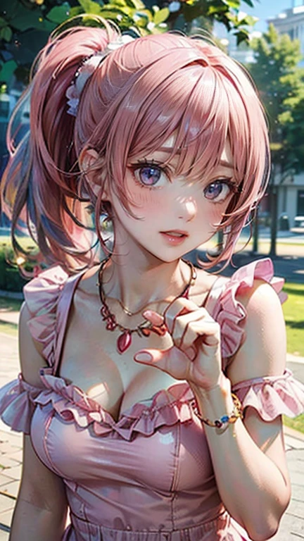 (Masterpiece, BestQuality:1.3), (ultra detailed:1.2), (hyperrealistic:1.3), (RAW photo:1.2), High detail RAW color photo, professional photograph, (Photorealistic:1.4), (realistic:1.4), (Pink Hair:1.5), professional lighting, perfect anatomy, (Big Breasts:1.2), (blush, detailed face), (A happy smile:1.7), Trending Hair&Trending Hairカラーをランダムに, earrings, necklace, bracelet, sexly, erotic sexly, Random sexy gravure poses, (A woman in a pink frilly dress、Smiling in the park with her hair blowing in the wind。With a ponytail hairstyle、One hand outstretched。:1.3)