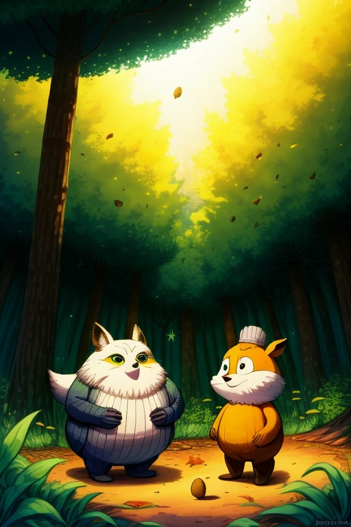 Illustration for the Tale of Kolobok:
A small, rotund Kolobok, with a round, cheery face and twinkling eyes, finds himself in a lush, forest setting. Amidst the towering trees, Kolobok comes face to face with a cunning, sly fox. The fox, with his sharp, pointed snout and piercing green eyes, is smirking, his tail twitching. Kolobok, feeling threatened, tries to hide behind a nearby mushroom, but his round shape is still visible. The background is a mix of vibrant, autumn colors, and the sunlight streams in through the leaves, casting playful shadows on the forest