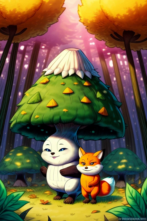 Illustration for the Tale of Kolobok:
A small, rotund Kolobok, with a round, cheery face and twinkling eyes, finds himself in a lush, forest setting. Amidst the towering trees, Kolobok comes face to face with a cunning, sly fox. The fox, with his sharp, pointed snout and piercing green eyes, is smirking, his tail twitching. Kolobok, feeling threatened, tries to hide behind a nearby mushroom, but his round shape is still visible. The background is a mix of vibrant, autumn colors, and the sunlight streams in through the leaves, casting playful shadows on the forest