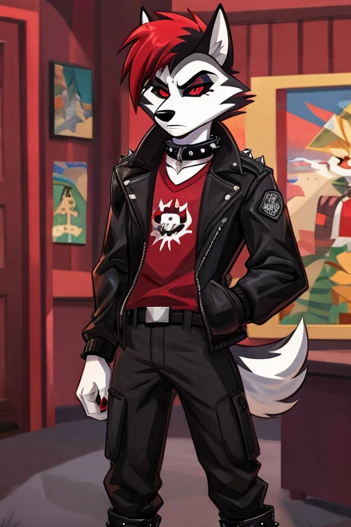 Art helluva boss,furry masculino,husky,black and white fur color,beauty,black and red hair color,White sclera,Red eye color,Tired expression,Dog Collar,punk jacket,red shirt,black military pants,military boots,Holding a coffee,suburban cartoon scenery.