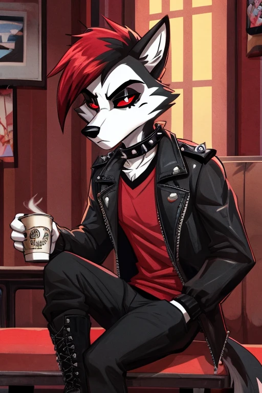 Art helluva boss,furry masculino,husky,black and white fur color,beauty,black and red hair color,White sclera,Red eye color,Tired expression,Dog Collar,punk jacket,red shirt,black military pants,military boots,Holding a coffee,suburban cartoon scenery.