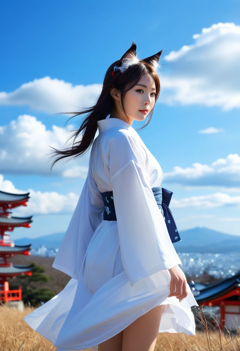 Apparition ，Girl, Cat ear, Beautiful Japanese Woman, blue sky ,Japanese Landscape,clothes, Realistic Women, lovely