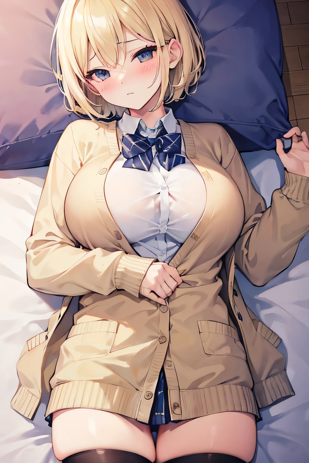 Blonde, short bob hair, big breasts,embarrassed,blush,lying,uniform,cardigan
