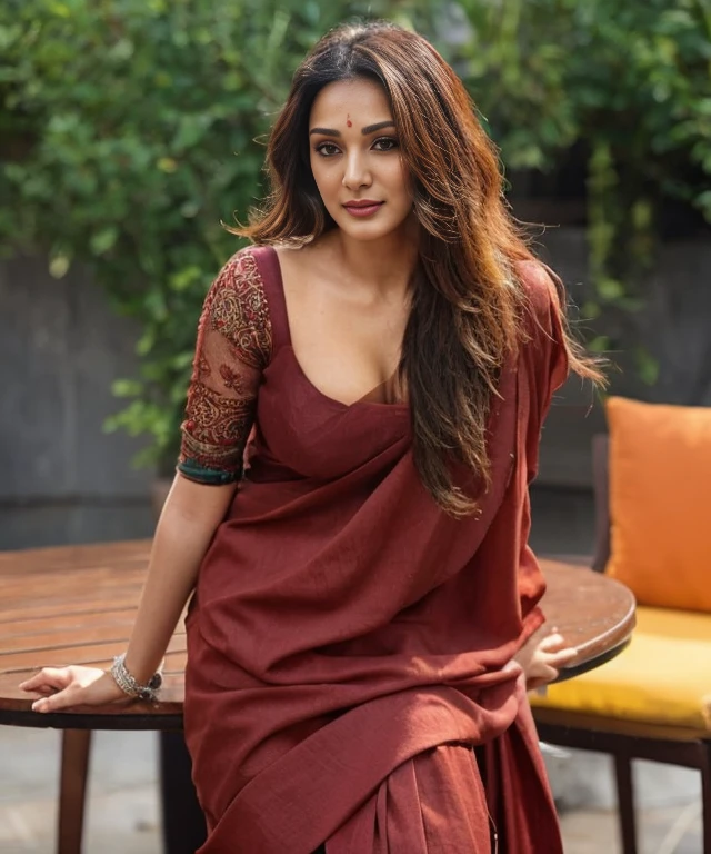 Beautiful ,23 years kiara, confidential looking,8k,realistic, deep neck blouse, showing cleavage, fair skin, indian, ultra hd photo, showing deep cleavage, sexy, sleeveless blouse