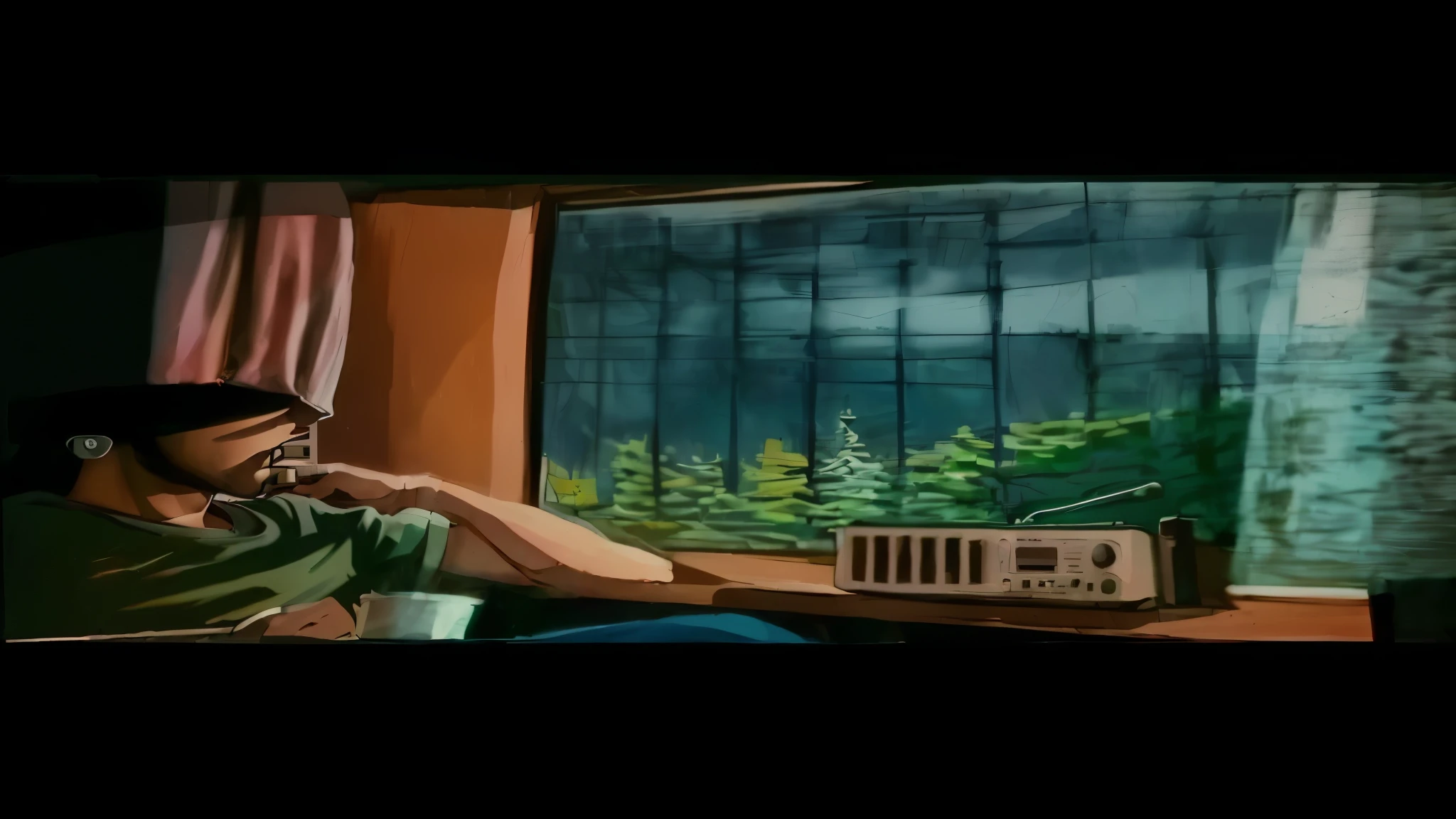 sharpened man sitting in front of a window with a radio, lofi portoRait at a window, animated film still, Lofi Stylestyle, animated film still, cartoon moody scene, Lofi Style, lo-fi illustration style, still excited, still from animated horror movie, lofi hip hop, lo-fi art, cartoon still, lofi portoRait