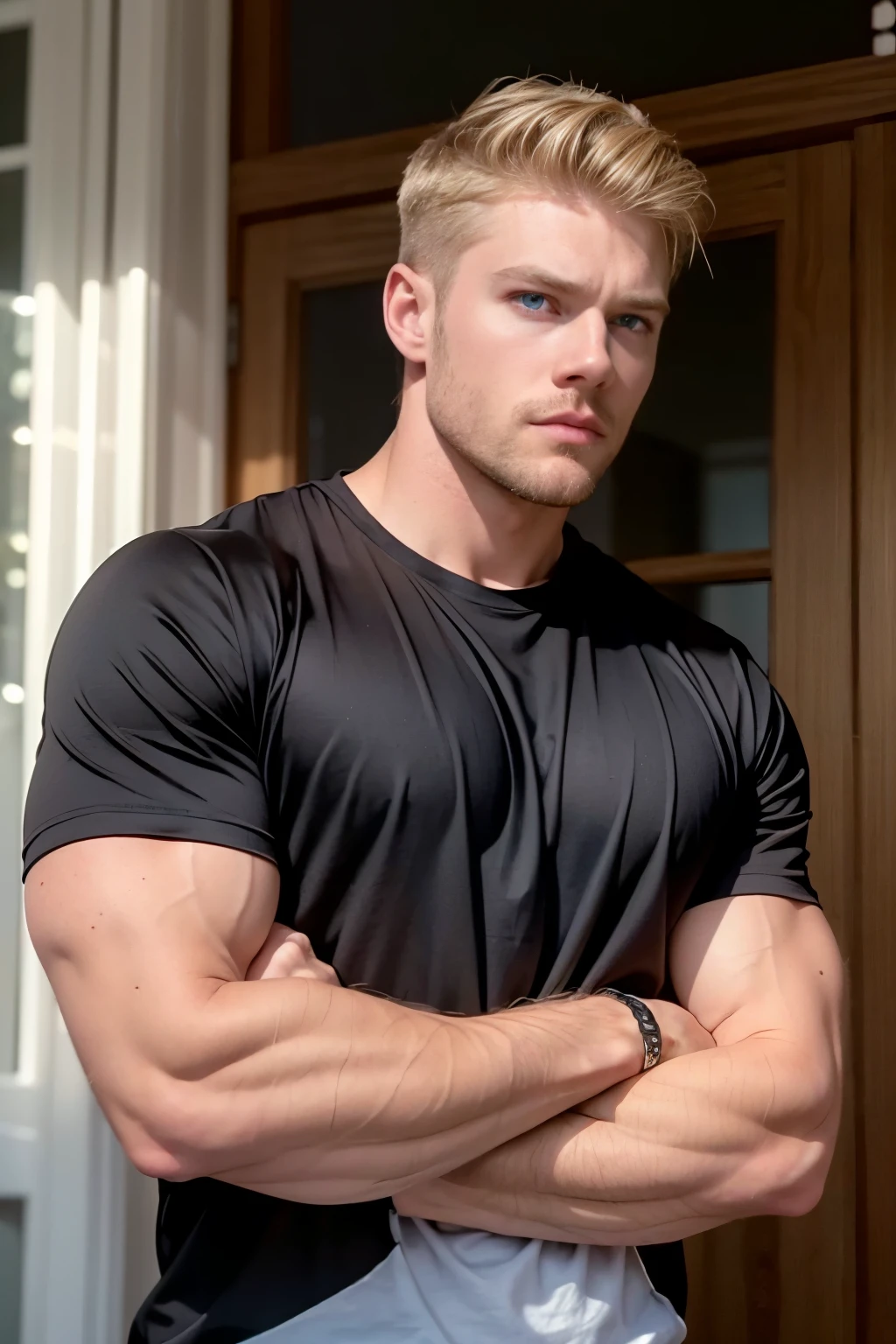 Full body view of a stoic, blond alpha jock in his early 20s licking his lips. His tight fitting military shirt uniform clings to his bulging muscles, his tattoos peeking out from underneath. The testosterone pumped male is at the gym, getting sweaty and soaked.