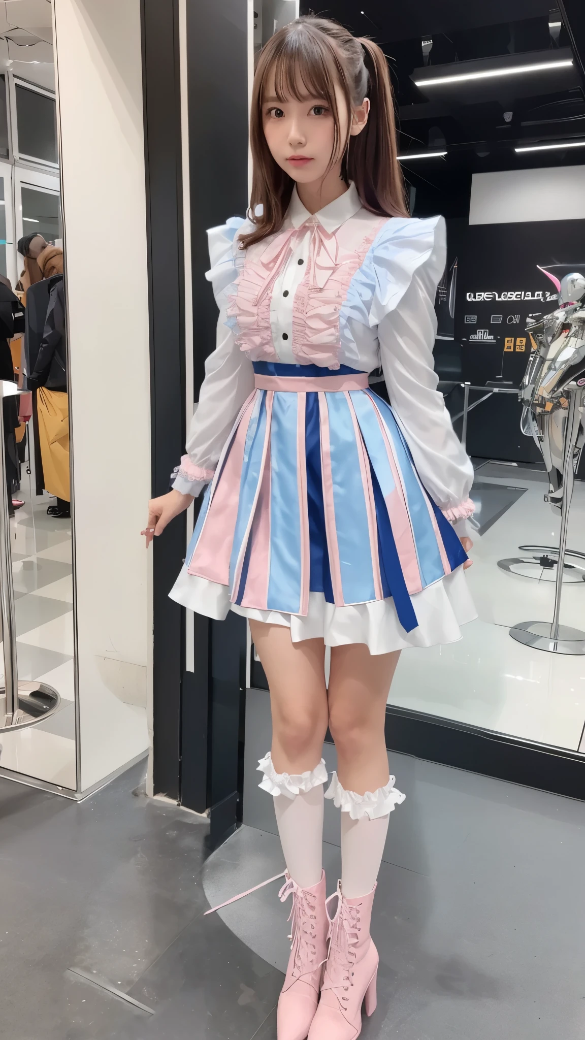 Costume like a idol, blue and white half sleeve Jacket, pink satin ruffled blouse, White and pink stripe pleated skirt, white lace up boots