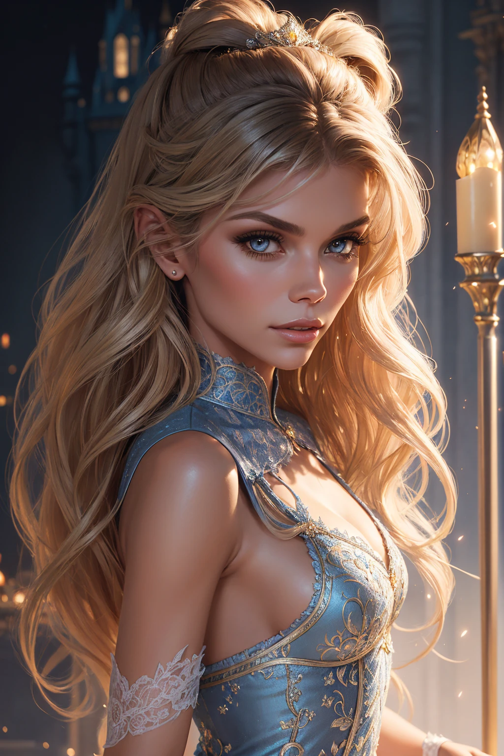 portrait AnnaLynne McCord, wearing breasts Cinderella costume, against the background of the Disney castle, character portrait, 3 9 9 0 s, long hair, intricate, elegant, highly detailed, digital painting, artstation, concept art, smooth, sharp focus, illustration, art by wlop, charlie bowater and alexandra fomina, 36k