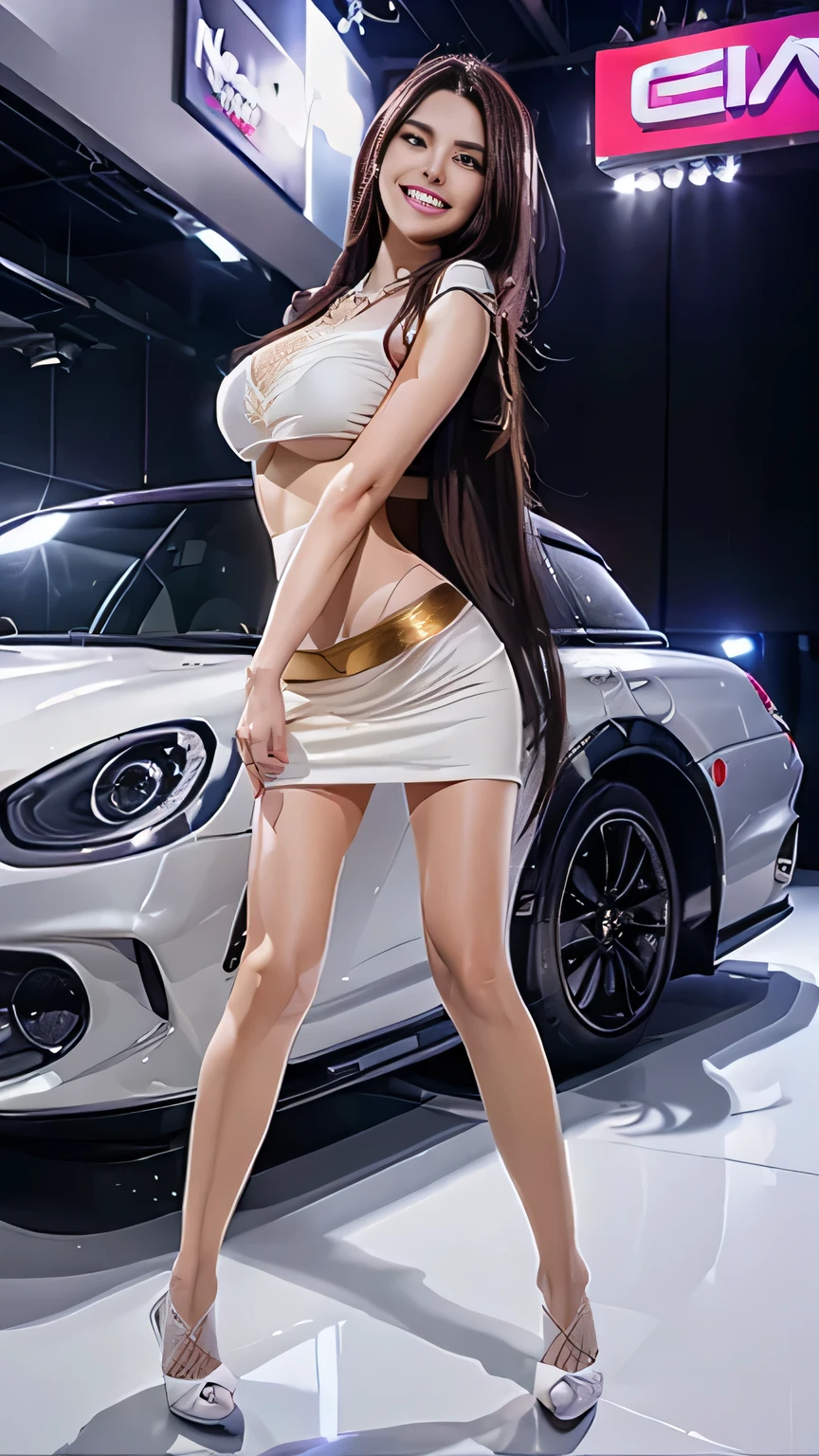 (Highest quality、8k、masterpiece:1.3)、Beautiful woman with perfect figure:1.4、((Dark brown super long hair))、((Her hair is super long, reaching down to her waist))、26 years old、Beautiful Japanese、Beautiful Face、Slender figure、Tall, 170cm tall、Beautiful female curves、Wearing a pendant、((Colorful lace queen costume))、((A tight mini skirt))、Midriff look、Highly detailed face and skin、fine grain、double eyelid、(Big Breasts )、 Big Ass、Tight waist、Long and beautiful legs、White sexy high heels、Standing a short distance away、((((whole body))))、Bewitching atmosphere、((smile))、((Motor show event space))