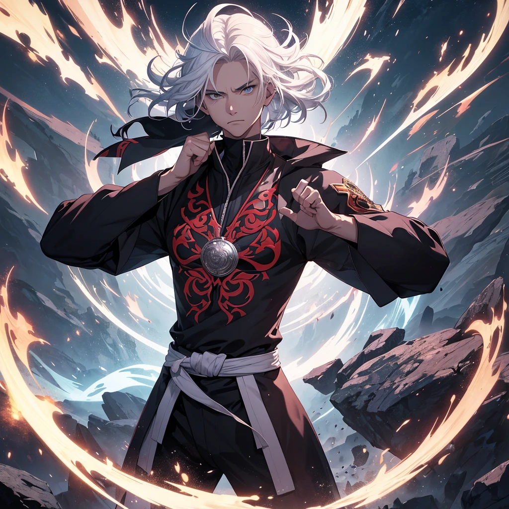 The main character with white hair shows him in a dynamic pose that reflects both his martial arts and magical abilities. Use a blend of modern and mystical elements to represent the transition from the martial arts world to the magic-dominated world, for background.Include magical effects, such as glowing runes or spell circles, alongside martial arts imagery like energy blasts or combat stances. Choose a color palette that contrasts the old and new worlds—perhaps dark, intense colors for the martial arts aspect and bright, mystical colors for the magic aspect. Hide fingers with magical effects.