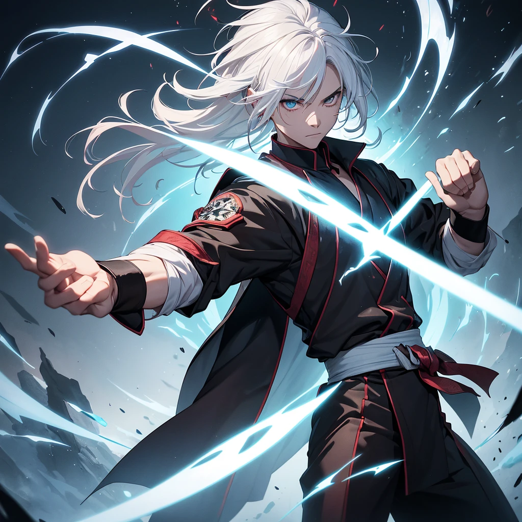 The main character with white hair shows him in a dynamic pose that reflects both his martial arts and magical abilities. Use a blend of modern and mystical elements to represent the transition from the martial arts world to the magic-dominated world, for background.Include magical effects, such as glowing runes or spell circles, alongside martial arts imagery like energy blasts or combat stances. Choose a color palette that contrasts the old and new worlds—perhaps dark, intense colors for the martial arts aspect and bright, mystical colors for the magic aspect. Hide fingers with magical effects.