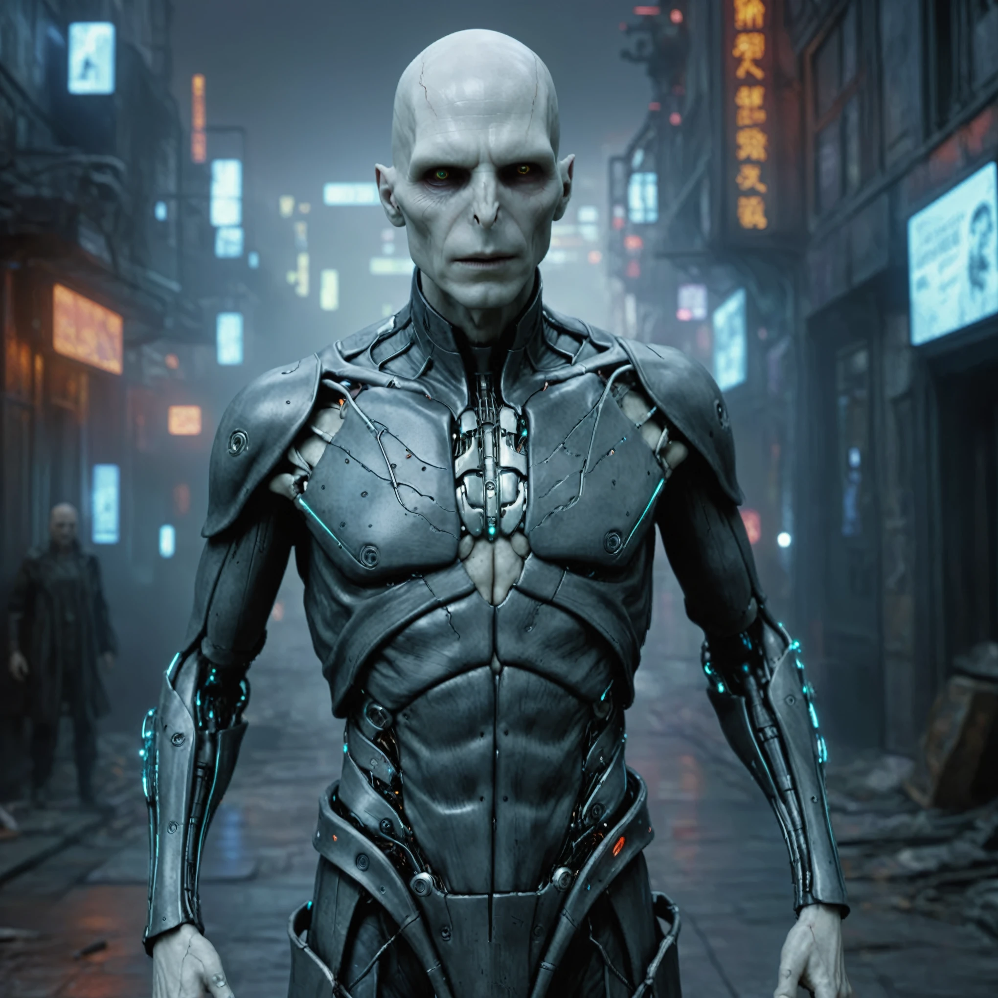 full body complex render ultra detailed of a beautiful porcelain cracked android voldemort in cyberpunk style,cyborg,robotic parts,150mm,beautiful neon light,vibrant details,luxurious cyberpunk,hyperrealistic,anatomical,microchip,elegant,moist foggy urban scenery,octane render,grim masterwork by head of prompt engineering,