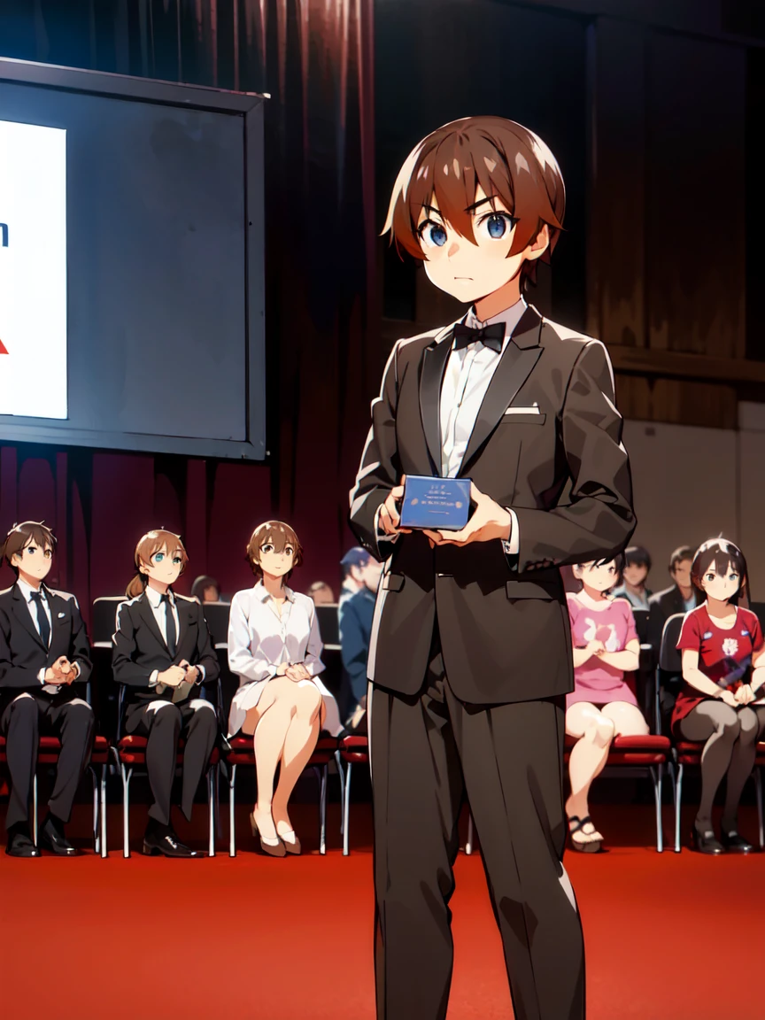 (Award-Winning Moment), (Keiichi_maebara), brown hair, Blue eyes, hair between eyes, 1 boy, (Award Ceremony), move, Award Announcement, audience, applause, tuxedo, Acceptance speech, Eloquence, ((Small trophy)), 背景にaudience