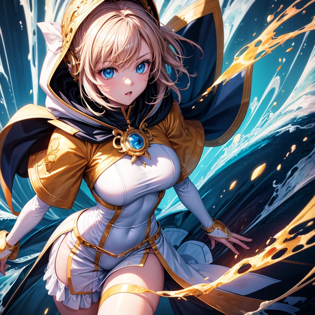 Maximum quality, work of art, high resolution, 8k, with hood and anime style, a girl, detailed line art, Bright white and bright amber style, digital enhancement, close up, anime core, fluid fabric