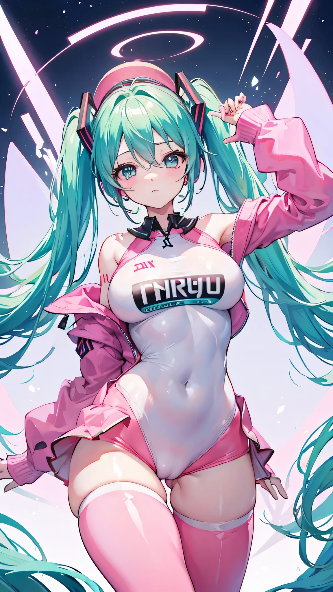 Hatsune Miku, huge tits, camel toe, tight-fitting  pink clothing, Transparent pink clothing